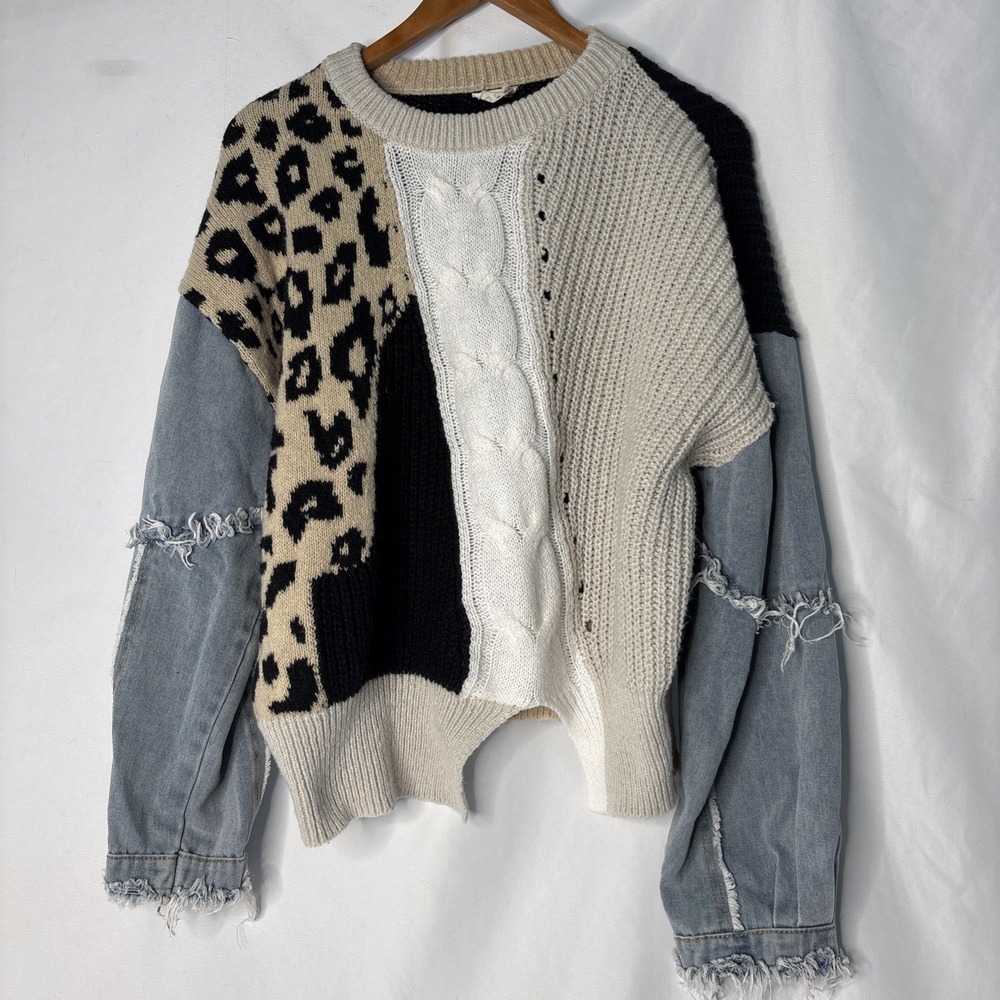 BiBi Leopard Animal Print Colorblock Patchwork Sweater Denim Sleeves Boho Medium